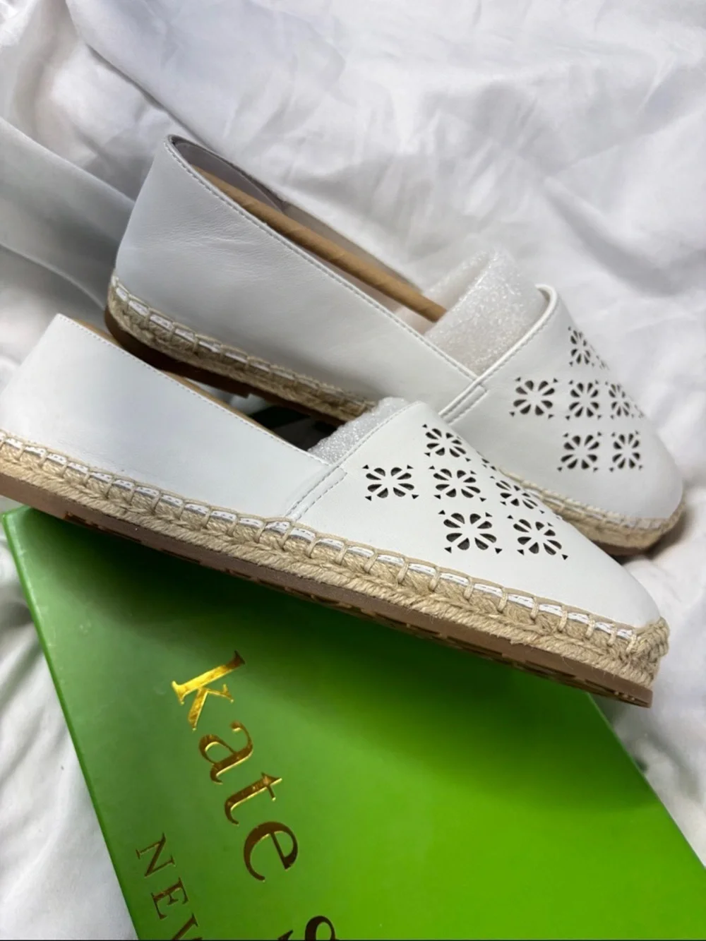 Kate Spade Garcia Cut Out Optic White  Espadrille Flats Leather shoes 8